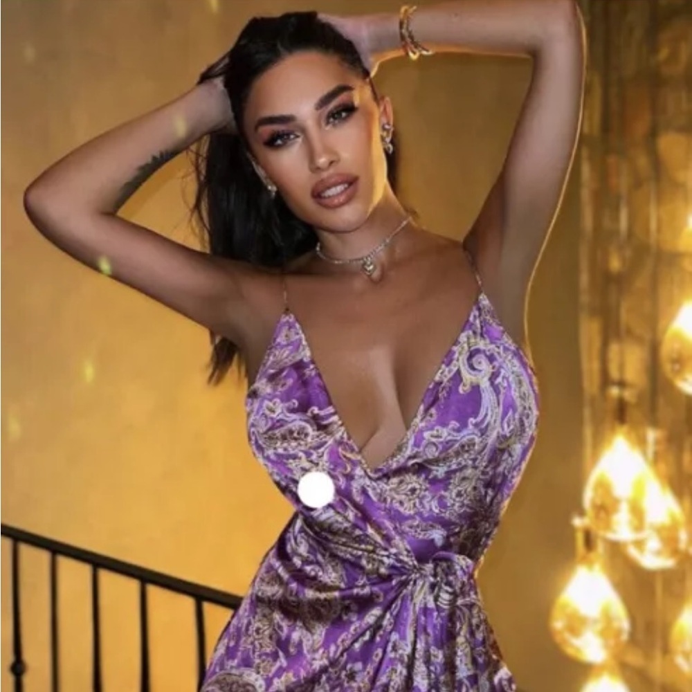 Plunge Neck Purple Paisley Satin Maxi Dress
